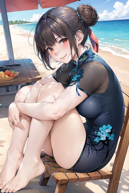 masterpiece, best quality, 1girl, solo, hair bun, blunt bangs, looking at viewer, sitting, on a chair, (qipao), brown hair, red eyes, small breasts, beach, barefoot, hugging legs, smug, smirk, sideview    <lora:Marushin-Style-resumed-000090:1>