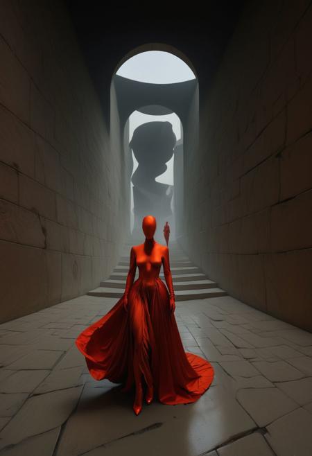 the topological paradox painted by the baroque master of all light and shadow, wearing clothes in the steps of the eternal temple of erotic misshapen incoherence,  hidden for hundreds of years from the prying eye of the masses at last revealed, it's geometric shape a phantom of illusion and paradoxical behavior, depth, and time-coherency