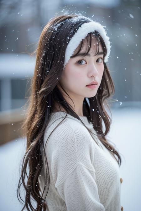 (8k, best quality, masterpiece, ultra highres:1.2) Photo of Pretty Japanese woman in the (style of paul rubens and rebecca guay:1.1) (melancholy winter snow:1.4)