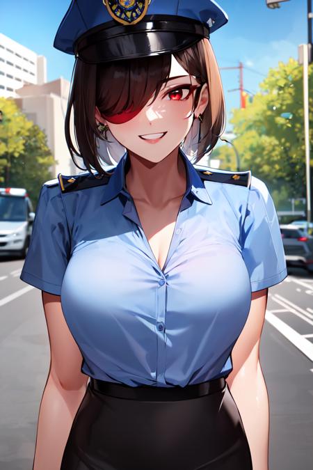 (masterpiece:1.3), best quality, extremely detailed, upper body, <lora:beidouep_r1_08_v10:0.7>, beidouep, athletic, fair skin, wearing blue collared shirt, black pencil skirt, police uniform, police hat, garter straps, short hair, brown hair, one eye covered, red eyes, solo, light smile, outdoors, police building