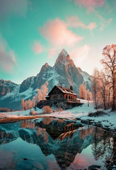 (by Ellen Jewett:1.5), ((Bioluminescent Impressionism: 1.8), The Dreamland), their peaks veiled in mist. mixed media, surrealism, great lighting, A surreal landscape highly detailed . extremely high-resolution details,  appears trapped in an optical illusion of reflections and refractions colorful , mountain cabin, ice and snow, professional photography, natural lighting, volumetric lighting maximalist. intricately detailed, complex, elegant, expansive, fantastical, film photography style,  medium grain,  <lora:MJ52:0.3>  <lora:SDXLFaeTastic2400:0.4>  <lora:EpicF4nta5yXL:0.7>.ethereal landscapes, depth of field, biotech emotion:1.3) <lora:xl_more_art-full_v1:0.5> <lora:add-detail-xl:1> <lora:RMSDXL_Creative:2>