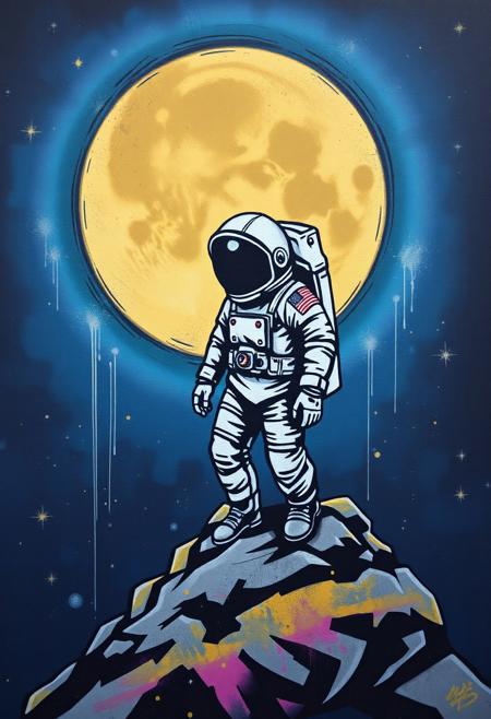 Graffiti art of an astronaut lonely on the moon, street art, spray paint, mural, high quality, highres
