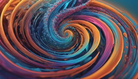 3D render abstract, curves, streamline, dynamic, splash, bubbles, spiral, fractal, Fibonacci, interdimensional, (vibrant:1.2), waves, complex, rhythm, surreal, refractions, rippling effect, translucent caustic effect