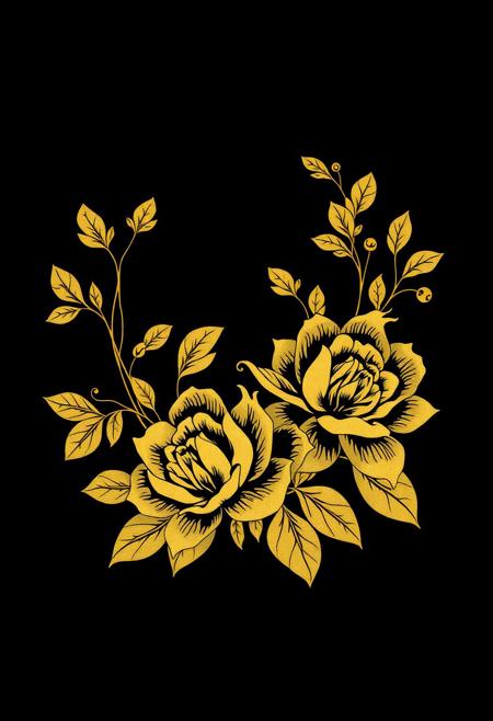 Cool design for printing on a T-shirt. On a black background. Gold and black floral pattern, gold lines, in the style of Chinese art, peonies, solid background, simple design, flat illustration, high resolution, high level of detail, high-quality, low noise, printmaking style, black background, pure black background, high definition.