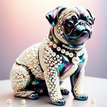 lazympos, depth of field, hyperrealistic, masterpiece, Intricate Design, Pearlum,
a colourful pug statue made of metal, reflective metal, statue made of pearls, rainbow theme