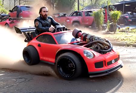 Action Films asmongold wearig a matt black leather suit, driving a red pturbo car, at a graveyard,smoke,,, Action Films, often for intense sequences, heroic characters, or adrenaline-fueled excitement.