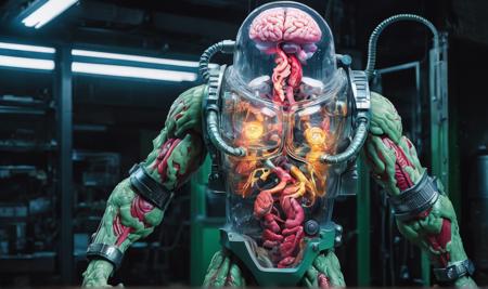 a photograph of (mutagen man, big brain) made out of metal and glass, (large human arms, ooze leaking out of transparent casing), clear metallic robot with blob like and a real brain in a vat in the middle, analog photo, RAW photo, subject, 8k uhd, dslr, dark scene, high quality, Fujifilm , sharp image