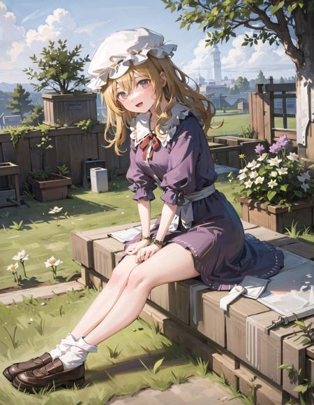 best quality, ultra high res, 1girl, maribel hearn, <lora:maribel_hearn_v2:1>, purple dress, hat, blonde hair, short wavy hair, golden eyes, sitting, bare legs, white socks, garden,