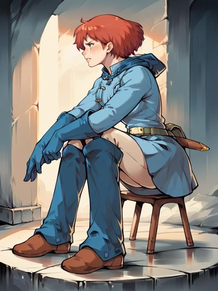 nausicaa, 1girl, red hair, short hair, uniform, gloves, boots,  animal on shoulder