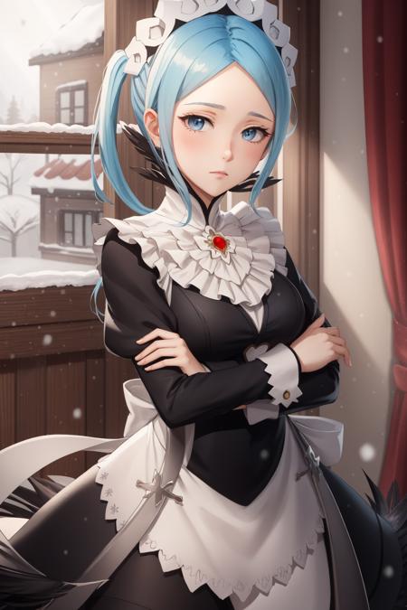 masterpiece, best quality, feflora, red gem, maid headdress, maid outfit, white apron, upper body, blank expression, looking at viewer, indoors, snow outside <lora:feliciaflora-nvwls-v1-000010:0.9>