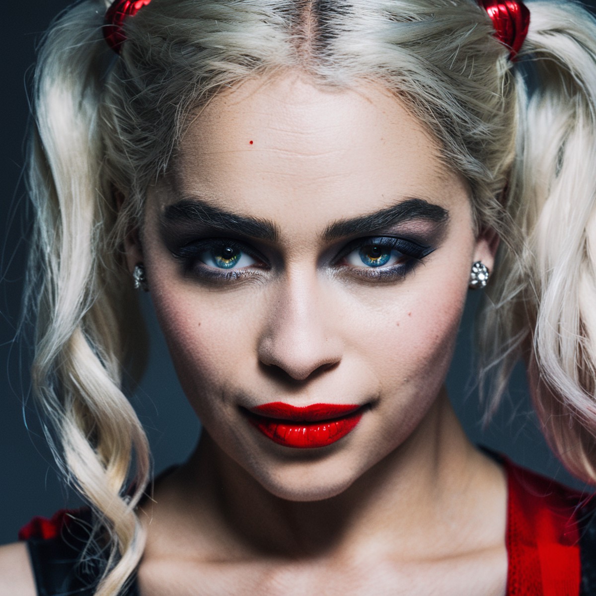 High res closeup portrait photo of an actress dressed as Harley Quinn, f /2.8, Canon, 85mm,cinematic, high quality, skin t...
