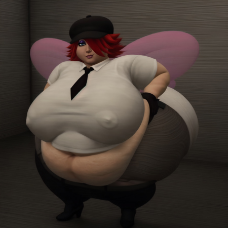 obese, woman, white shirt with a tie, black pants, black high heels, black hat, red hair covering her left eye, fairy wings