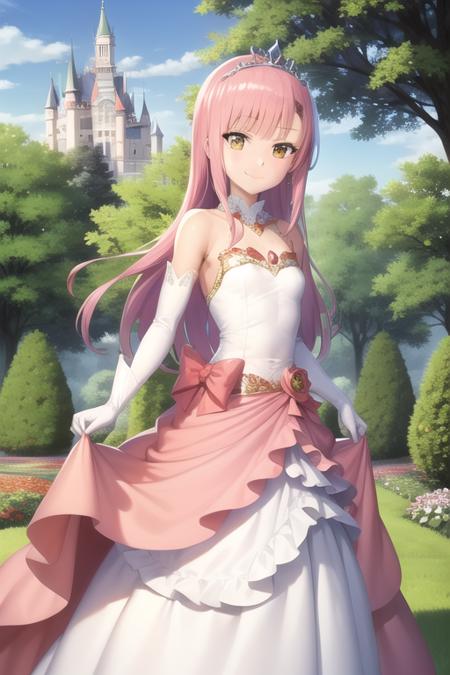 masterpiece, best quality, hinagiku katsura, dress, princess, princess dress, blue dress, royal dress, tiara, garden, colorful garden, castle, day, smile, white gloves,  pink hair, yellow eyes, <lora:HinagikuV2:0.6>