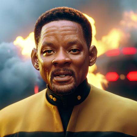 sdn <lora:diffusiondesign_SDN_LoRA_1.12:1>, analog style, medium view film still of (will smith), human, man, intense expression, wearing starfleet (operations) yellow and black and grey uniform, inside, [action shot], promenade background, fire and smoke and red glow, sharp focus, shallow depth of field, bokeh, 35mmstyle, 35mm film, film grain, action pose, rim light