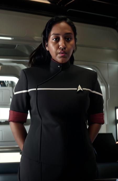 roserayy,  masterpiece, best quality, 1girl,  dark-skinned female, closed mouth:1.3, waist up, chubby, black eyes, black hair, closed mouth, looking at viewer, wearing a sttldunf uniform,  solo,<lora:Roserayy-000003:1>, <lora:STTLDV1:1> sttldunf uniform