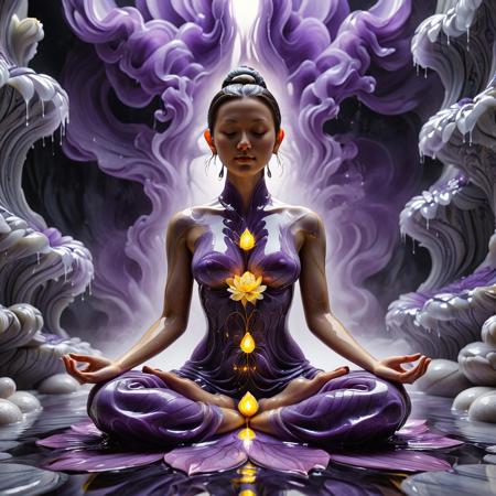 The Bloom Beneath the Stone,
giant lotus blooming from rippling marble waters, petals made of translucent liquid stone, figure of a meditating woman seated in its heart, veins of gold and violet flowing through surface, surrounding mist glowing from within
, liquid marble aesthetic, best_quality, masterpiece, absurdres, highres, subject_focus, depth_of_field, very_detailed, extremely_detailed, ultra_detailed, sharp_focus, intricate detail, dreamlike atmosphere, zen surrealism, magical realism, luminous ambience