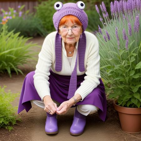 <lora:green_ois_hat:1.0>A charming elderly Caucasian woman with blue eyes and red hair in a lavender ois hat with a pair of frog eyes BREAK, tending to her vibrant garden, her well-worn boots nested in the fertile soil, in a detailed botanical art style.