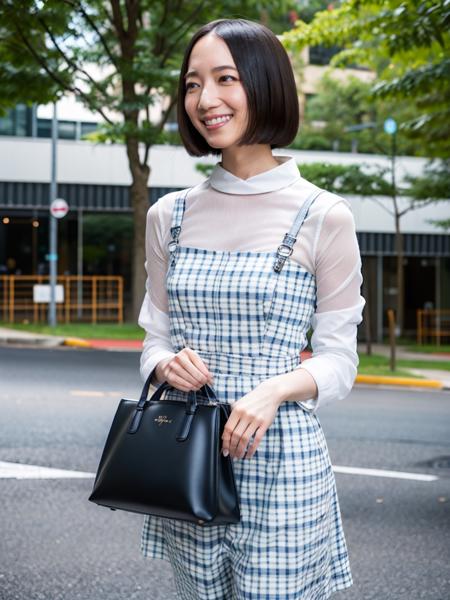 <lora:AyanoOmotoBRAv1:0.9>ayano omoto,8k,4k,intricate details, RAW photo, ultra realistic,best quality,masterpiece,ultra detailed,high resolution,photorealistic,bob cut,looking over the shoulder , smiling, solo, walking through a city park, designer bag, checkered modern dress, finely detailed skin, pro photo shoot, high resolution, 8k, realistic, photo, depth of field