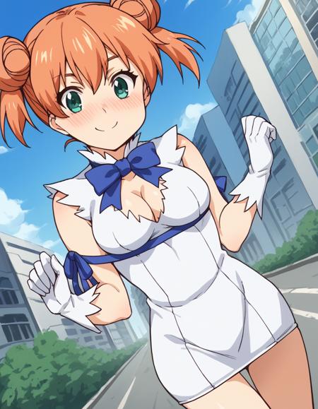 <lora:yuuki-yoshino-s1-ponyxl-lora-nochekaiser:1>, yuuki yoshino, short hair, twintails, green eyes, hair bun, orange hair, double bun, medium breasts, bow, school uniform, striped, bowtie, blazer, striped bowtie, blue blazer, brown skirt, plaid skirt, plaid, chef, pants, white pants,