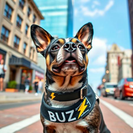 cute dog on street with BUZZ written on collar and yellow lightning bolt symbol, city background