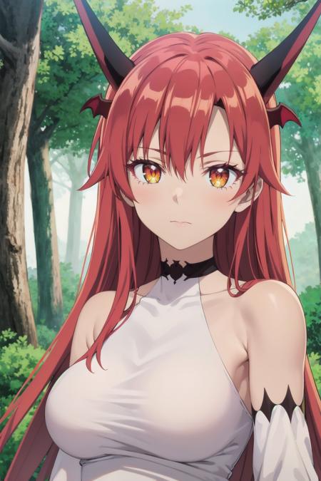 best quality, masterpiece, portrait, close up, upper body,
1girl, tania, dragon girl, dragon horns, red hair, orange eyes, large breasts, long hair, collar, white top, detached sleeves, looking at viewer, oudoors, forest,
<lora:Kizuki - Beast Tamer - Tania:0.90>