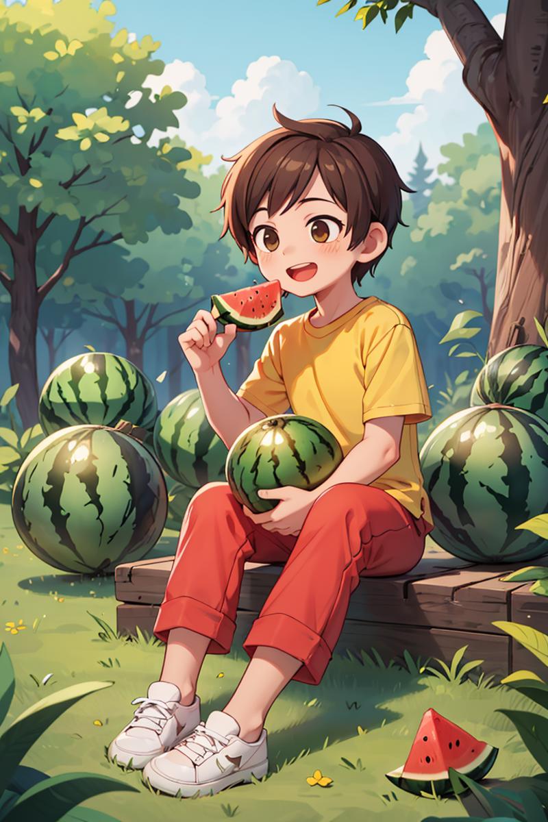 A young boy is sitting outside with watermelon and melons.