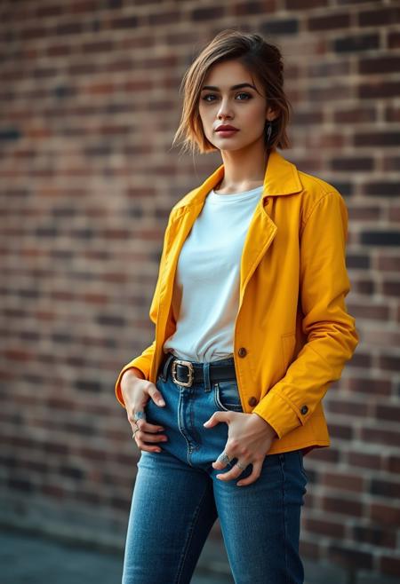 (stylish woman:1.2), modern outfit, (yellow jacket:1.3), (blue jeans:1.2), belt with chain detail, casual fashion, (brick wall background:1.1), standing pose, (confident expression:1.2), photorealism, cinematic lighting, subtle shadows, (detailed fabric texture:1.3), urban setting, soft focus, (natural light:1.2), realistic proportions, (relaxed posture:1.1), (high-quality details), (natural skin texture:1.2), slightly tousled hair, (mutated fingers:-1.4), (distorted anatomy:-1.3), (blurry:-1.2), (unnatural joints:-1.2), (overexposed lighting:-1.1), (floating limbs:-1.3), (low detail:-1.2), (flat fabric texture:-1.1), (low-quality proportions:-1.3), (unrealistic face structure:-1.2)