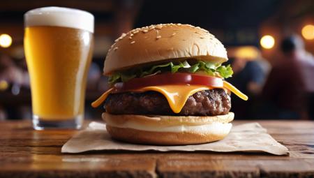 macro shot of a juicy cheesy loaded bacon burger and a pint of beer at night of  medieval fantasy tavern enviornment design whimsical  in the sytle of the prancing pony  video game setting  magical place irish tavern<lora:crowd_notrigger:.8>, award winning photograph + cinematic shot + photos taken by ARRI 65 + incredibly detailed, sharpen, details + professional lighting, photography lighting + 50mm, 80mm, 100m + lightroom gallery + behance photographys + unsplash, global illumination, epic award winning photograph (subsurface scattering:1.3), intracate details, ambient occlusion, global illumination, realism, hyper realistic, hyper detailed