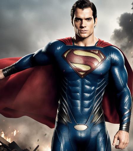 Henry cavill is superman , superhero, upper body, illustrator by Jorge Jimnez , colours, draw comic, 1boy, building destroyed