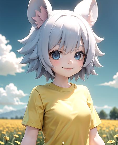 masterpiece, best quality, <lora:Click768V2:0.7>, 1girl, clicklora, mouse ears, grey hair, short hair, blue eyes, yellow shirt, short sleeves, smile, upper body, sky, field