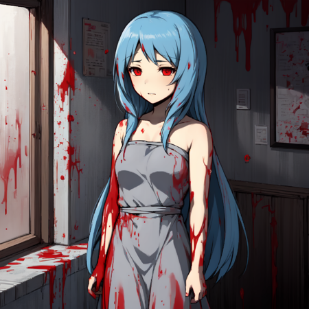 Enri a young woman dressed in blue, indoors, room background, 1girl, solo, long hair, blush, blue hair, red eyes, dress, a creepy cartoon character dressed up in a blood splattered and gray dress, 1girl, solo, red eyes, long hair, blood, blue hair, indoors, room background,