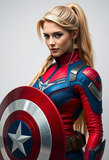 extraordinarily pretty woman, Captain America, powered futuristic outfit, red and blue suit, BLONDE ponytail, holding captain america round shield, swept bangs, white background, simple background