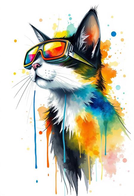 A vibrant and artistic watercolor illustration of a cool cat, facing slightly to the left, rendered in an explosion of bright, splashy colors. The cat sports stylish, oversized, futuristic goggles with iridescent lenses that reflect a spectrum of hues, adding to its whimsical and modern appeal. Its black and white feathers are softly defined, blending seamlessly into washes of yellow, orange, blue, and teal, with dynamic paint drips extending downwards, suggesting movement and fluidity. Numerous colorful splatters and dots surround the creature, enhancing the joyful and abstract aesthetic. The overall impression is one of playful creativity, combining natural elements with a touch of contemporary flair in a visually striking, high-resolution digital painting with a clean white background.