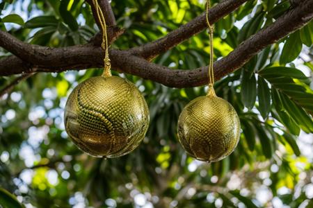 RAW photo, alien creature, golram tree, elaborate intertwining serpentine wide low dense canopy, large round golden shiny fruit, hanging down low on thin strands, 8k uhd, soft lighting, amazing detail, award winning, masterpiece