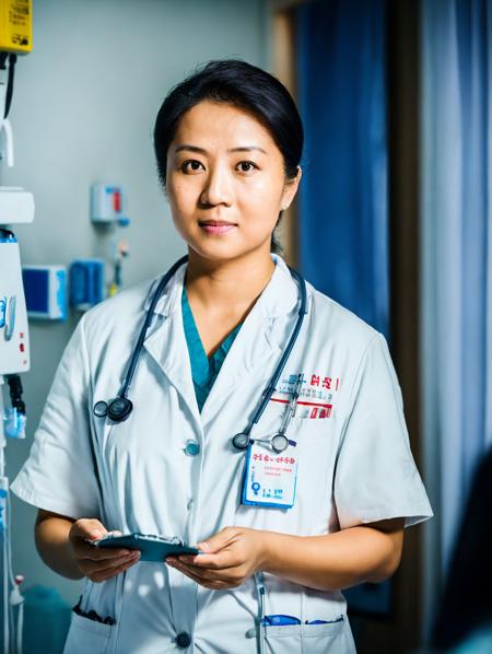 RAW photo, a female doctor <lora:CC_v2.0:0.8> in hospital, working, (high detailed skin:1.2), 8k uhd, dslr, soft lighting, high quality, film grain, Fujifilm XT3