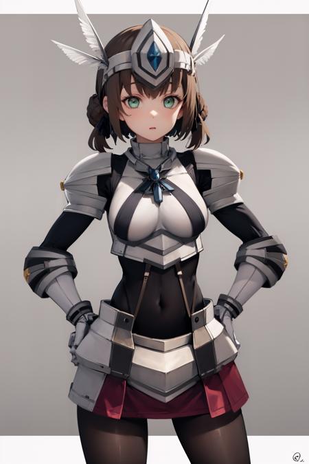 best quality, (masterpiece:1.2), illustration, absurdres,
(1girl, solo),  (beautiful detailed girl),
<lora:DuvalieArmor-09:1>, Duvalie, green_eyes, light brown hair, (hair bun:0.8), hair ribbon, medium breasts,armor, armored_dress, winged visor, wing ornament, bodysuit, black_bodysuit, pantyhose, armored_boots, greaves, red skirt, red waistcloak shocked (cowboy shot), hands on hips on a space station