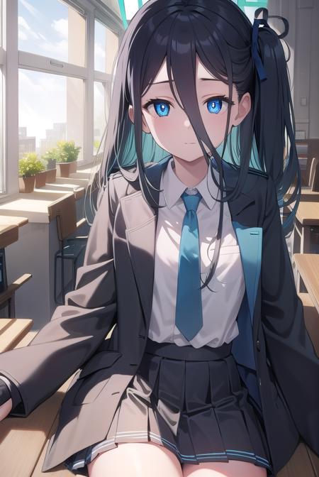 bluearchivearis, <lyco:bluearchivearis-lyco-nochekaiser:1>, 
aris, black hair, blue eyes, hair between eyes, halo, long hair, one side up, hair ribbon, (flat chest:1.2),
BREAK necktie, blue necktie, jacket, skirt, school uniform, white shirt, collared shirt, black skirt, white jacket, long sleeves,
BREAK looking at viewer, 
BREAK indoors, classroom,
BREAK <lyco:GoodHands-beta2:1>, (masterpiece:1.2), best quality, high resolution, unity 8k wallpaper, (illustration:0.8), (beautiful detailed eyes:1.6), extremely detailed face, perfect lighting, extremely detailed CG, (perfect hands, perfect anatomy),