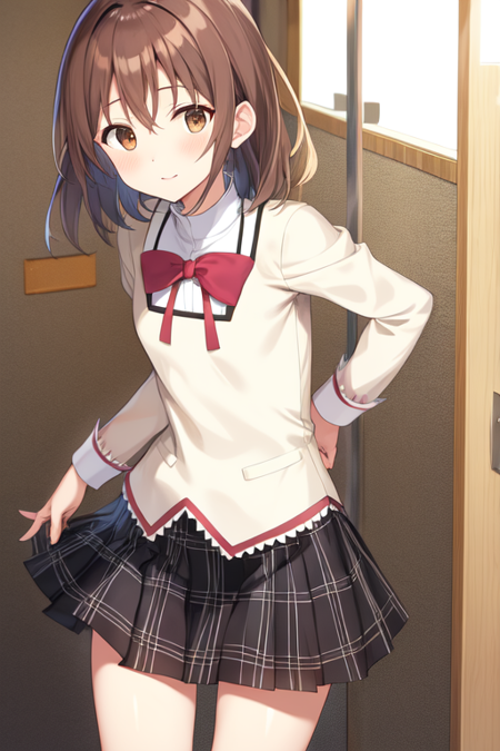 mitakihara school uniform, brown hair, brown eyes