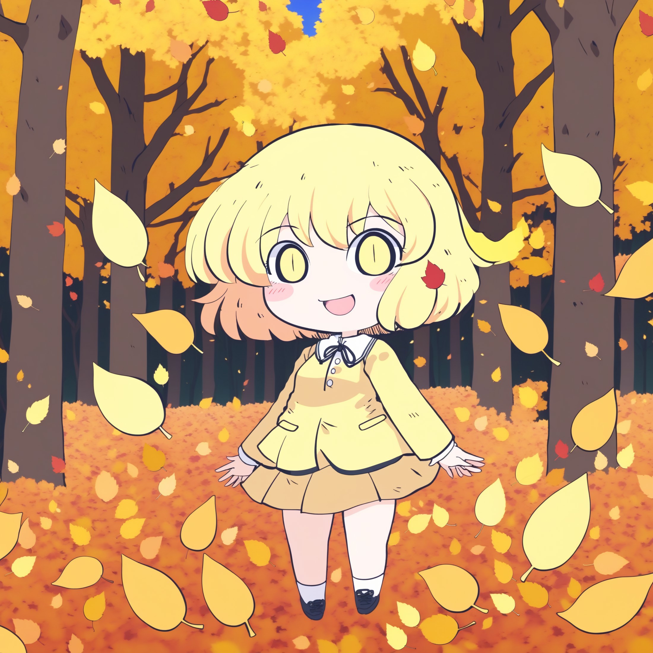 anime screencap, glint, drawing, best quality, smiling, a full body of a girl, autumn, falling yellow leaves, park with tr...