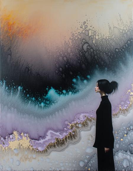Oil painting rendered in ethereal pastels. 
Subject: A brunette woman, with alabaster skin, wearing a black jumper 
Palette: crushed lavender blush, powdered sugar highlights, inky voids. Makoto Fujimura-inspired nihonga marbling meets Klimt-esque textures.
Diffused studio light fractures through airborne ink droplets—innocence laced with liquid chaos.