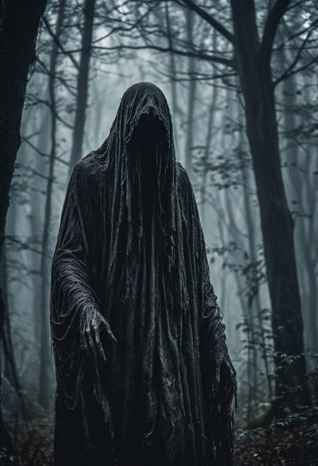 dark closeup of a scary dementor in a dark forest, fog, rain, no face, face not visible, shot at night, extreme detailed, majestic, hdr, realistic, dark lighting,