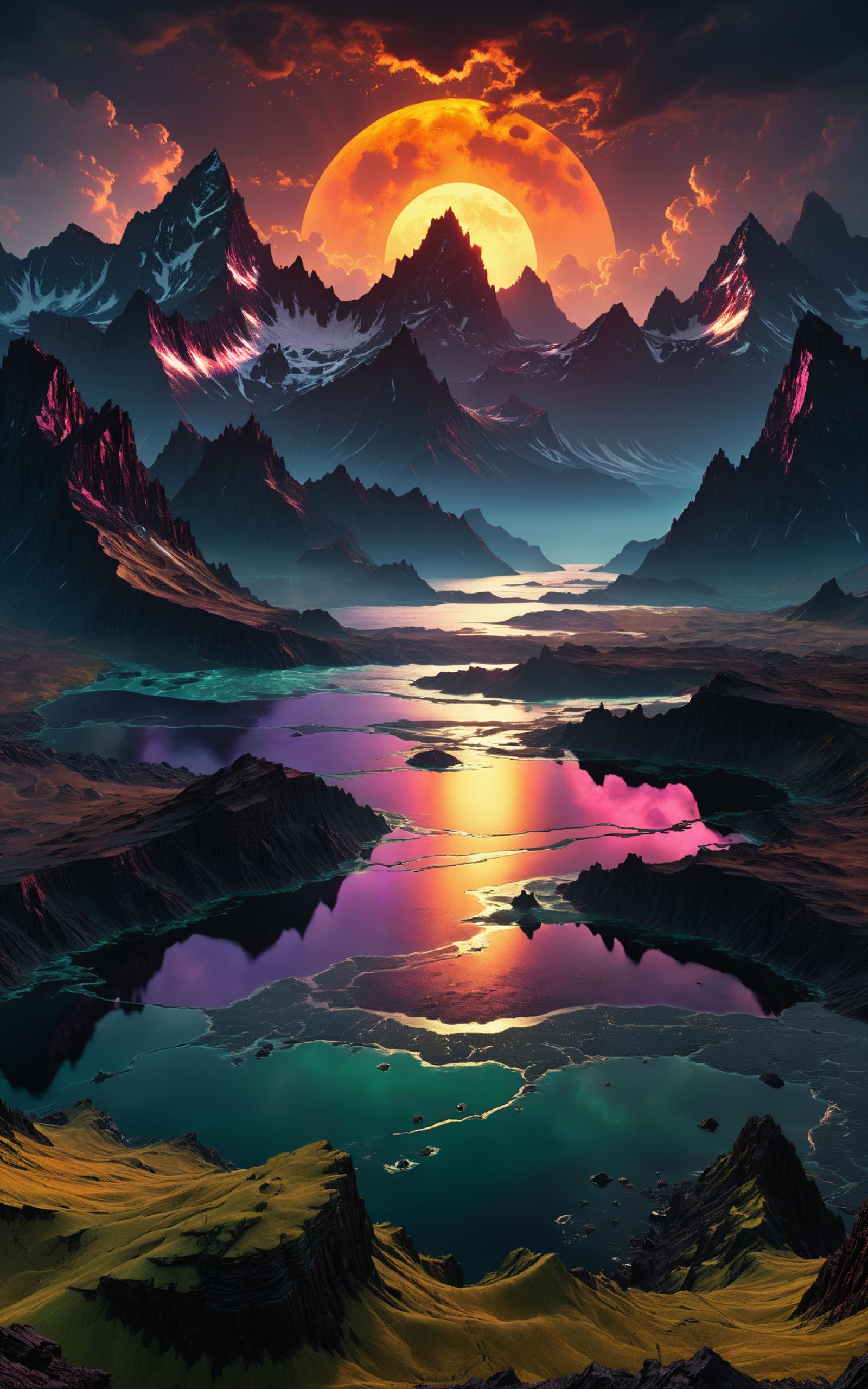 Artistic Mountain Landscape with a Pink Sky and Rainbow Reflections in the Lake