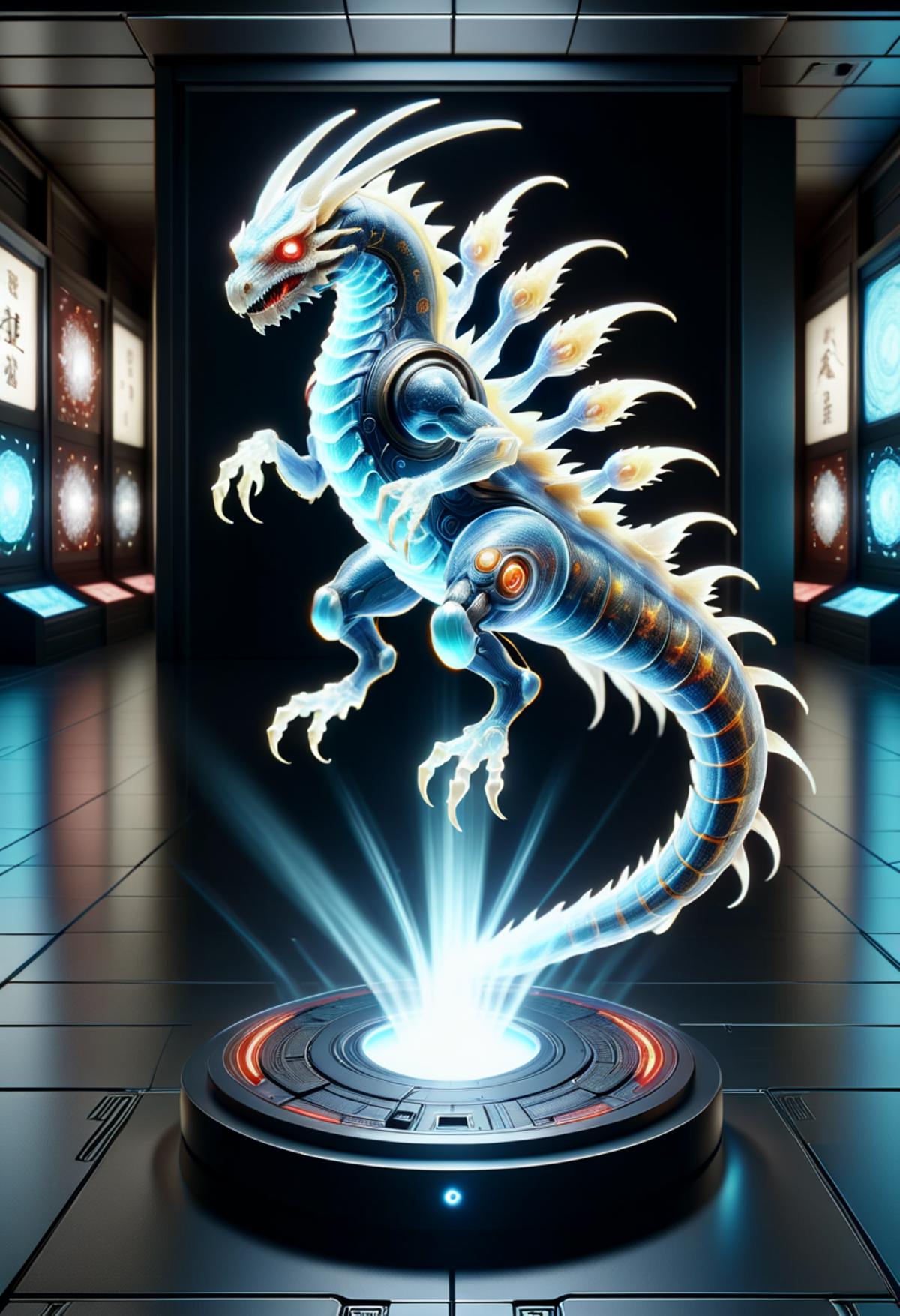 A computer-generated image of a robotic dragon with glowing eyes, standing on a pedestal in a dark room.