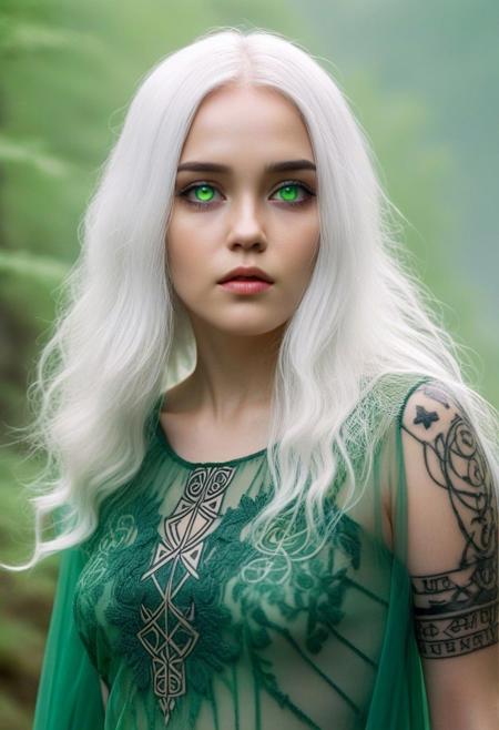 Beautiful woman, white hair, long hair, glowing green pupils, voluptuous, runic tattoos. sheer dress. full-body shot, legs. Standing in a hazy forest. River in background. Fixhand.