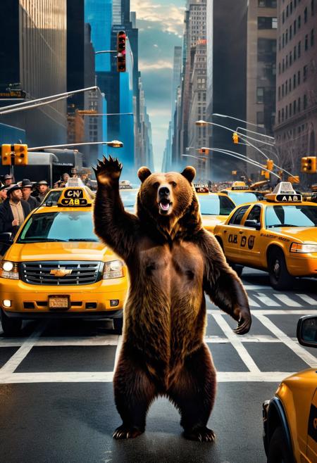 Fuzzy grizzly Bear Hailing A New York City Cab During Rush Hour, Epic cinematic brilliant stunning intricate meticulously detailed dramatic atmospheric maximalist digital matte painting