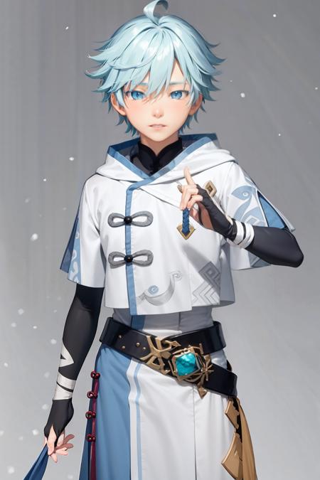 masterpiece, best quality,snow,chongyun (genshin impact), 1boy, mature male, solo, blue eyes, blue hair, gloves, ahoge, chinese clothes, short hair, (grey background:1.4),(kbxll:0.6)