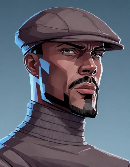 a closeup picture of a 1man, solo, with gray flat cap, wearing a gray mock turtleneck, black goatee beard, blue background