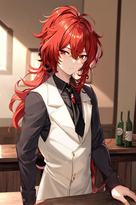 masterpiece, best quality, diluc \(genshin impact\), 1boy, male focus, red hair, white vest, solo, shirt, red eyes, necktie, vest, hair between eyes, black necktie, bangs, blurry, looking at viewer, long hair, closed mouth, ponytail, blurry background, collared shirt, upper body, bottle, black shirt, bar, bartender, light particles, sleeves rolled up, long sleeves