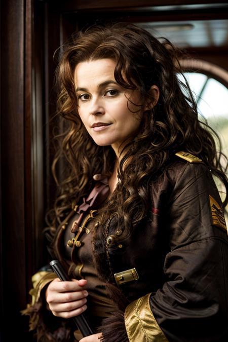 <lora:Helena_Bonham_Carter:1> 1woman, solo, mature hb1873c, , brown_hair, wavy hair, messy hair, captain costume ,  simple , night