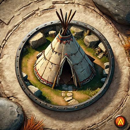 wigwam, game icon, from above, realistic, inside a round stone badge